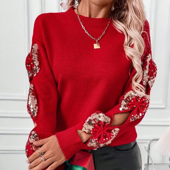 Red Casual Women's Christmas Sequin Pullover Sweater - Picture 1 of 7